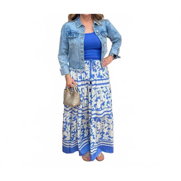 PINCH Dresses & Skirts - NEW PINCH lissy floral print tiered maxi skirt in blue/ white